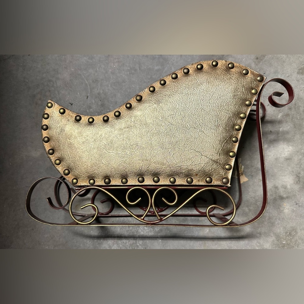 Vintage Gold and Brown Wooden and Metal Sleigh